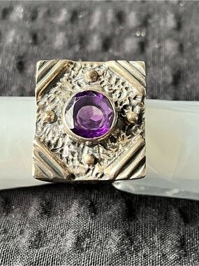Sterling Silver Square Ring with Purple Amethyst Center 7.5